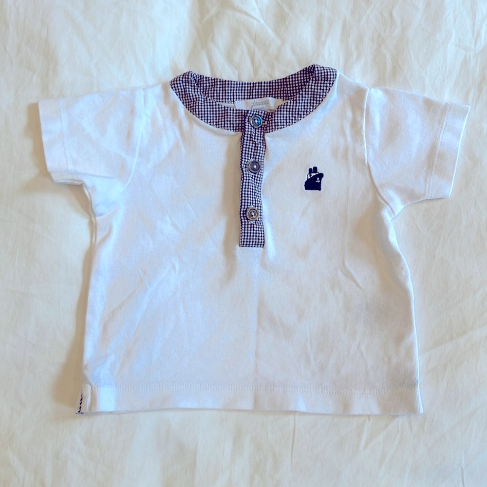 Jacadi Paris Baby Short Sleeve Shirt w/ Gingham Detail & Embroidered Boat SZ 12M